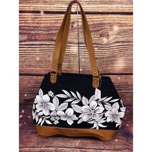 Tanner Hawaii Canvas Tote Bag Black White Hibiscus Floral Tan Trim New